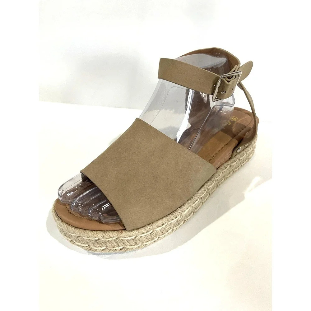 Open Toe‎ Buckle Ankle Strap Espadrilles Tan Size Size 9
